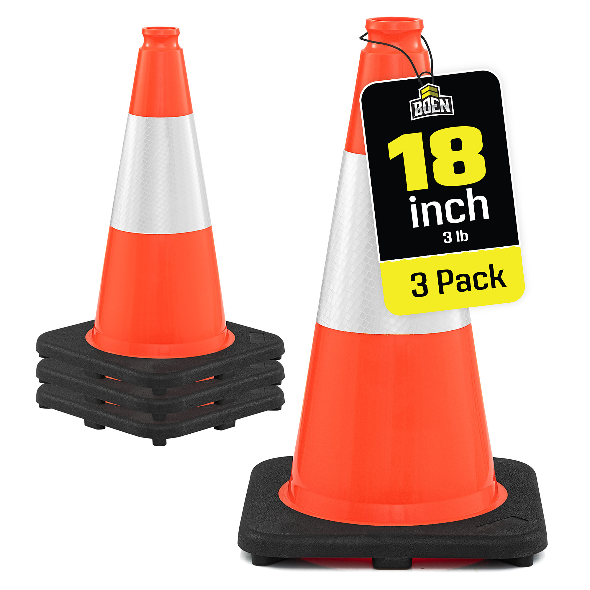 Boen 18 in, Orange Traffic Cone, 3-Pack, High-Visibility Safety Cones with Reflective Collar & Heavy-Duty Base for Parking, Events & Traffic Control